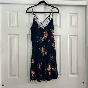 Blue floral dress. 95% polyester and 5% spandex. Strappy in the back